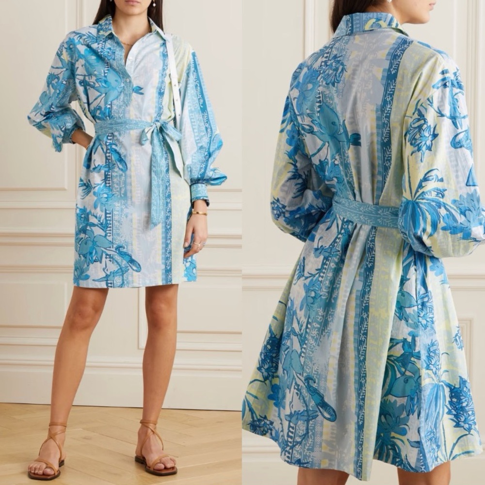 Emporio Sirenuse Odessa Blossom Printed Cotton-Poplin Mini Shirt Dress 44 Large